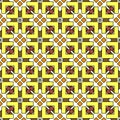 Complex seamless geometric pattern, multi-layered intersection of figured elements of rhombuses and chevrons, yellow, brown and
