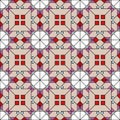 Complex seamless pattern of curly tiles in a geometric style. Elements of rhombuses, squares and triangles in bright colors, pale Royalty Free Stock Photo