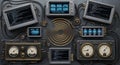 Complex steampunk control panel with multiple analog gauges and digital displays Royalty Free Stock Photo