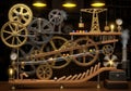A complex steampunk-inspired contraption featuring interlocking cogs and gears in brass and iron Royalty Free Stock Photo