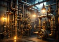 Complex Steampunk Mechanical System with Glowing Lights and Detailed Piping in an Industrial Environment