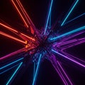 A complex, symmetrical structure features intersecting neon light beams in red, blue,