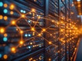 Complex tech network shows interconnected database servers. Data storage, management system for high-tech environment. Network