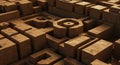 A complex three-dimensional maze made of textured, earth-toned cubic blocks. The