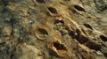 A complex trackway featuring overlapping footprints of different sizes and depths suggesting a varied group of dinosaurs