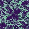 Complex tropical foliage silhouette seamless pattern.