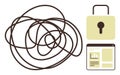 Complexity of Data Privacy Represented by Entangled Lines, Lock, and Web Page Elements Royalty Free Stock Photo