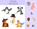 Compliance with children`s educational game. Match animal parts. Find the missing puzzles