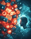 Compliance Exploit Threat Concept, Human Profile with Digital Data Stream in Bright Red and Blue Colors