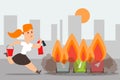 Compliance With Fire Safety Outside, Trash Can Arson Vector Illustration. Girl Run To Extinguish Flame With Fire