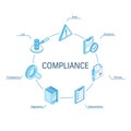 Compliance isometric concept. Connected line 3d icons. Integrated circle infographic design system. Rules, Standards