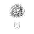 Complicated abstract mind illustration. empty head with messy line inside. tangled scribble doodle vector path design