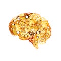 Complicated clockwork mechanism with glossy golden steampunk cogwheels in brain shape on white