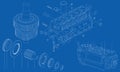 Complicated engineering drawing of car engine sect