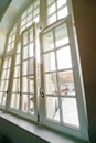 Complicated high windows, new pvc double-glazing while renovation Royalty Free Stock Photo