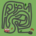 Complicated maze, labyrinth game with red car van, cartoon vector illustration. Challenge to find a way to the finish