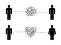 Complicated relationship. Love couple problem, tangled messy scribble connection line, unhappy people hard communication Royalty Free Stock Photo