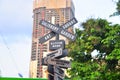 A complicated road sign with many directions on the street of Hong Kong