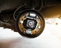 Component inside the automotive brake drum without a wheel on hydraulic car lift