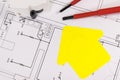 Components for electric installations, shape of house, construction diagrams and work tools. Building or buying home. Technology Royalty Free Stock Photo