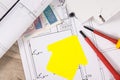 Components for electric installations, shape of house, construction diagrams, work tools and polish currency banknotes. Building Royalty Free Stock Photo