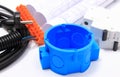 Components for electrical installations and rolls of diagrams Royalty Free Stock Photo