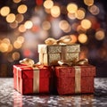 Compose a captivating image of a delectable gift boxs set against a festive Christmas bokeh background