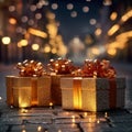 Compose a captivating image of a delectable gift boxs set against a festive Christmas bokeh background