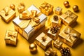 Compose an elegant holiday scene with a gift box adorned with a golden satin ribbon and bow, set against a cheerful yellow