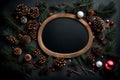 Compose a festive Christmas round frame using natural winter elements on a dark blackboard. Arrange items such as pinecones,
