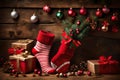 Compose a festive scene featuring a Christmas sock overflowing with gifts, artfully displayed against a rustic wooden wall.