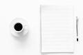 Compose music. Music notes and cup of coffee on white background top view Royalty Free Stock Photo