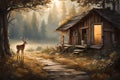 Compose a scene that depicts a curious deer standing outside a rustic hut