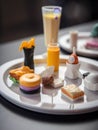 A composed meal of 3D printed foods that look like mini sculptures awing the diner with its unique presentation.. AI