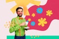 Composite abstract collage of attractive guy weari shirt drink coffee relax spring flowers sun suspender isolated on Royalty Free Stock Photo