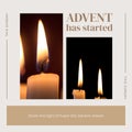Composite of advent has started text and lit candles on dark background