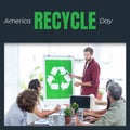 Composite of america recycle day text and diverse people with green recycling sign Royalty Free Stock Photo