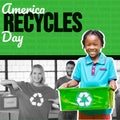 Composite of america recycles day text and diverse people with green recycling sign Royalty Free Stock Photo