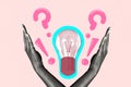 Composite art 3d image collage of human hands show palms high-five gesture light bulb enlightenment power idea finding Royalty Free Stock Photo