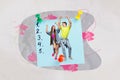 Composite artwork collage illustration metaphor memories couple friends together paper pin discotheque isolated on grey