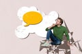Composite artwork photo collage template sketch of young man sit think mind dream imagination empty speech cloud bubble Royalty Free Stock Photo