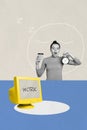 Composite artwork sketch image collage of old vintage computer monitor word work banner sleepy young lady hold clock in Royalty Free Stock Photo
