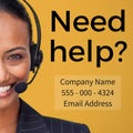Composite of asian female call centre agent and need help, company name, email address, number