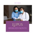 Composite of asian female doctor discussing over digital pc and october with lupus awareness month