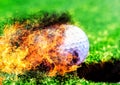 Composite background with fire effect on 3d rendering golf ball at the moment of entering the golf cup Royalty Free Stock Photo