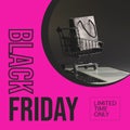 Composite of black friday text and shopping trolley and gift on pink background Royalty Free Stock Photo