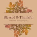 Composite of blessed and thankful celebrating thanksgiving day text over autumn leaves