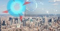 Composite of blue circle, triangles, molecules over aerial view of modern cityscape against sky
