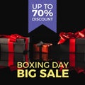 Composite of boxing day big sale, upto 70 percent off over gift boxes on black background