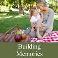 Composite of building memories text and caucasian mother and daughter smiling at each other in park